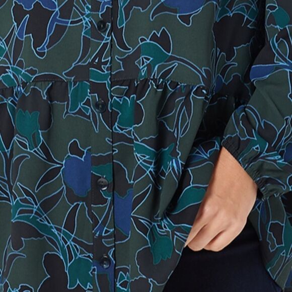 LOGO S Green Blue Black Floral Button Front Tiered Hem Long Sleeve Tunic Top - Picture 4 of 13